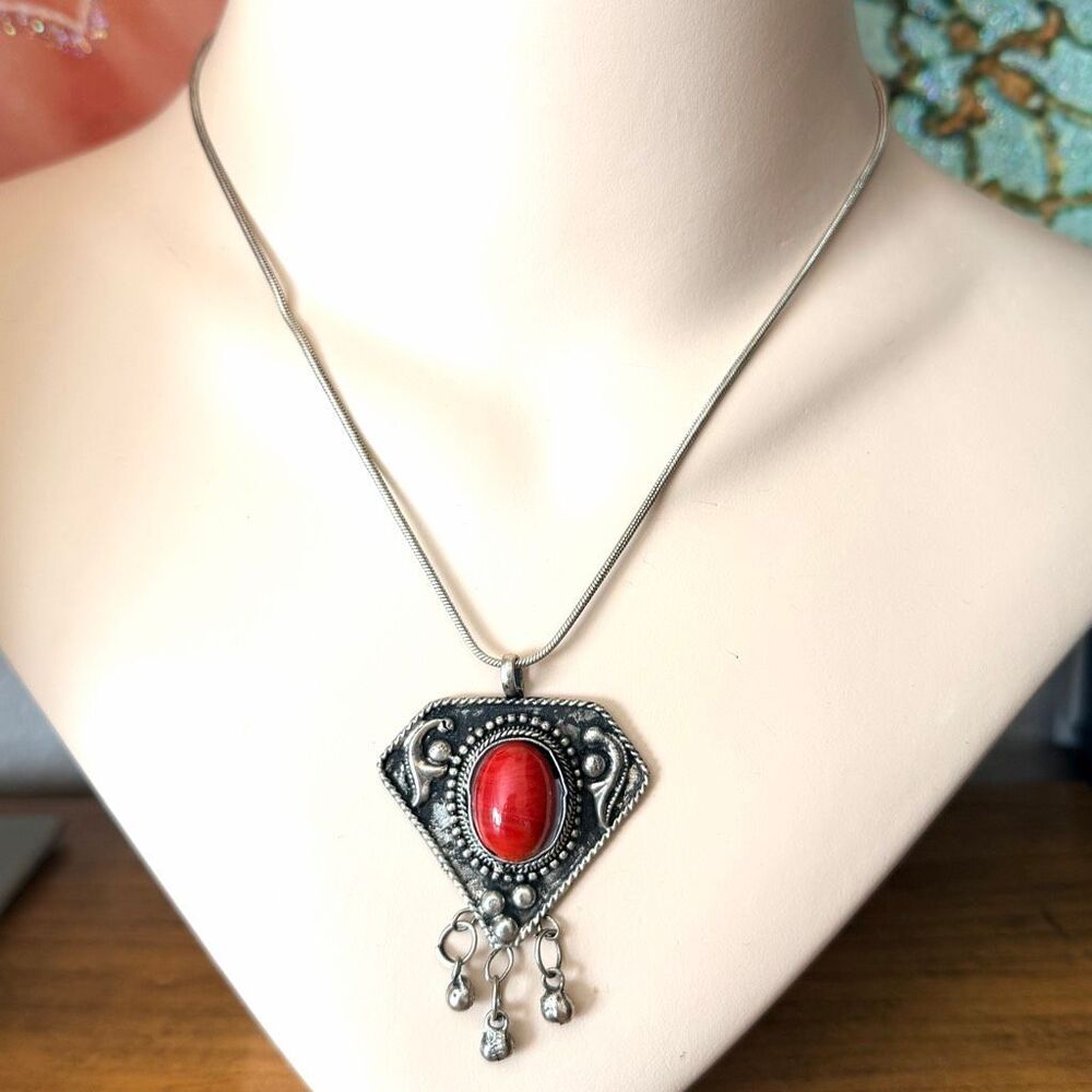 Vintage Kuchi Tribal Style Pendant Necklace Red Glass Cabochon Bells